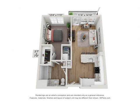 Floor plan for 1 bed, 1 bath, 615 sqft